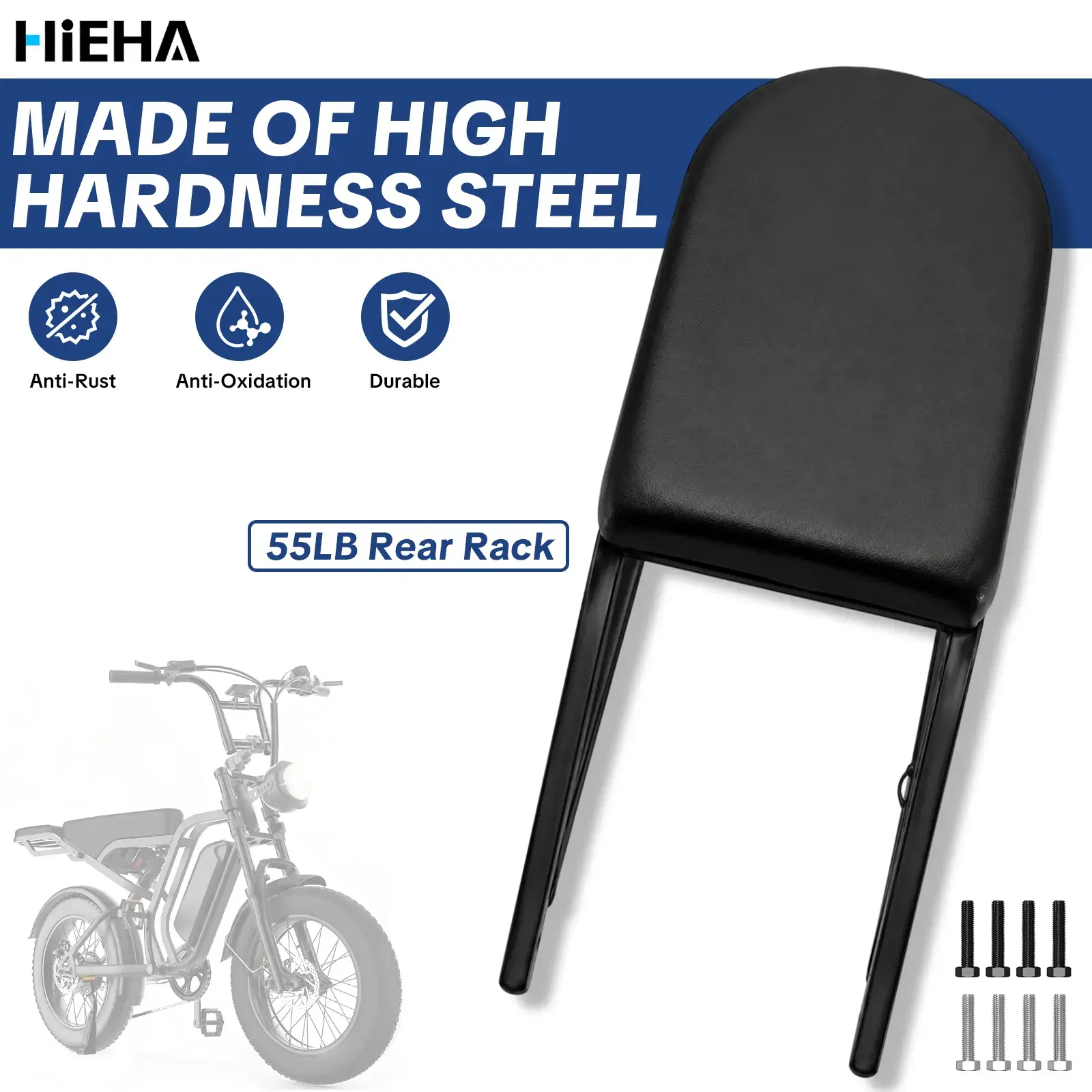 HIEHA E-Bike Rear Cargo Rack, Heavy-Duty Steel Bike Rack with Cushioned Pad, 55 lb Capacity, Fits Electric Bicycles with 3.54 in Mounting Hole Spacing