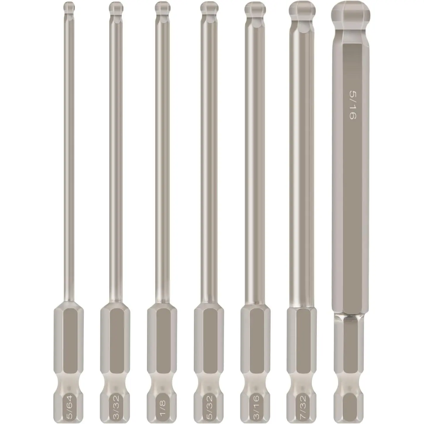 7pcs Magnetic Ball End Hex Screwdriver Bit Tool Set, 1/4-inch Shank, 100mm Long, 5/64-5/16 inches Heads, Magnetic Tips for Hardware Tasks, Durable Drill Bits