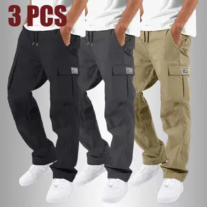 Men's Casual Solid Color Multi-Pocket Workwear Pants, Straight Leg Elastic Drawstring Waist Regular Fit, Breathable Comfort All-Season Pants for Daily & Outdoor Activities