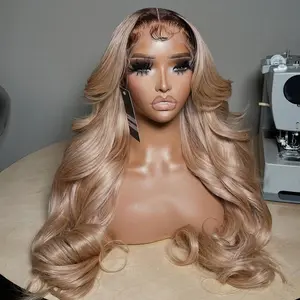 Ombre Milk Tea Blonde Lace Front Wig Human Hair 210% Density Thicker 13x4 HD Lace Ash Blonde Hair with Natural Growth Brown Roots Body Wave Wig Pre Plucked Multi-Color Wigs for Any Occasion
