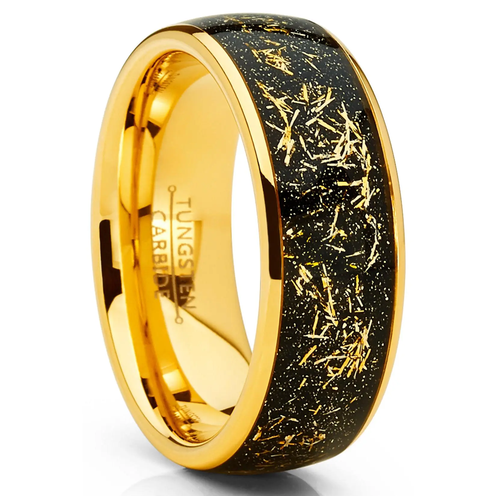 Men's 8mm Brushed Tungsten Wedding Band - Elegant Gold Tone Star Dust Inlay, Comfort Fit, Cobalt-Complimentary, Scratch-Proof Fashion Ring, Flat Metal Gold Band-Shaped Ring