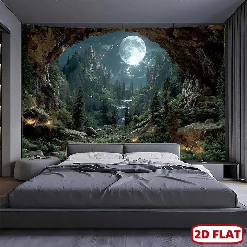 [Extra Large Moon Tapestry] 1pc Extra Large Cave Rock Waterfall Moon Tapestry - HD Landscape Print with Full Moon, Lush Greenery & Cascading Waterfalls - Nature-Themed Wall Hanging for Living Room, Bedroom, Dorm, Party D
