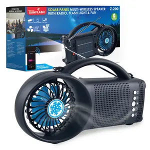 Solar Portable Wireless Bluetooth Audio Radio Speaker Player Receiver with Built-in Flash Light, Cooling Fan, MicroSD, USB, AUX, Rechargeable Battery Z-200 Charging Cable