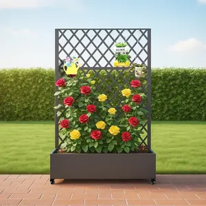 72" Rolling Metal Privacy Screen with Trellis & Planter Box, Galvanized Raised Garden Bed with Drainage, Perfect for Climbing Plants, Vines & Veggies on Patio Balcony