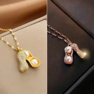 Peanut Necklace Gold & Rose Gold Dainty CZ Pendant Cute Lucky Charm Jewelry Gift for Women