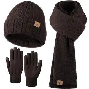 Winter Beanie Hat Scarf Gloves, Warm Fleece Knit Hat Long Scarf Neck Warmer Touch Screen Winter Gloves Set Gifts for Women