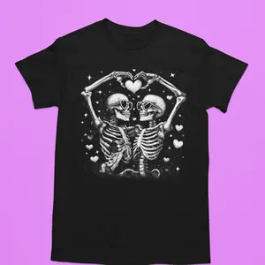 Skeleton Love Valentines Tshirt - Black Graphic Tee with Heart Design for Couples