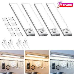 Under Cabinet Lighting 2/4 Pack, 50 LED USB Rechargeable Closet Lights of 11.81in, 2200mAh Battery Operated Motion Sensor Light Indoor, 50-150LM, 3 Color Temps Dimmable for Kitchen Stairs Wardrobe
