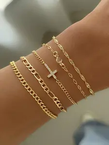 Women's Multi-Layered Alloy Bracelet Set, Cubic Zirconia Cross Design, Perfect for Parties, Festivals & Gifts, Stackable Bracelets
