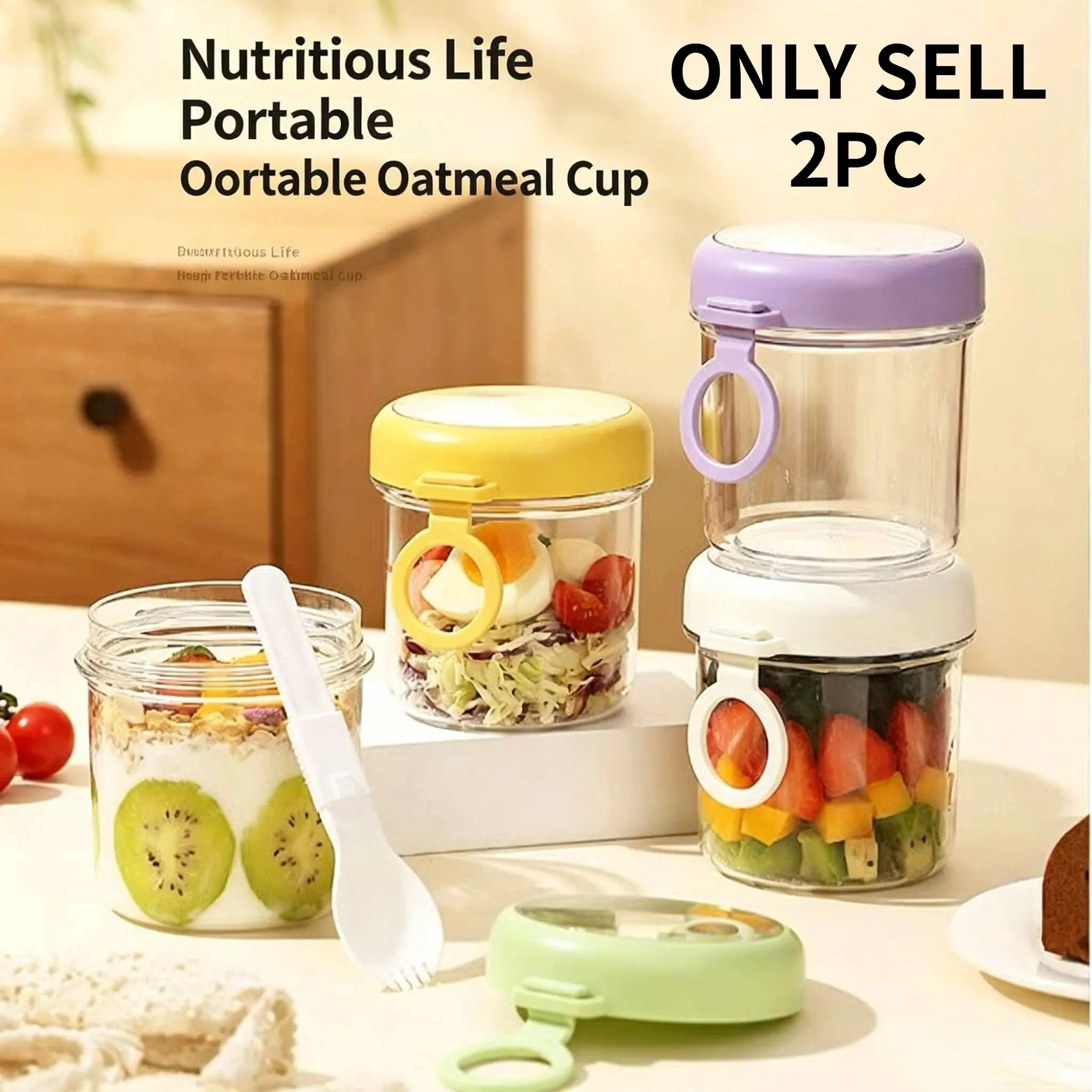 2pcs Glass Yogurt Cup Set, Salad Bowl & Overnight Oatmeal Container, Portable Breakfast Mug with Lid & Spoon, Food Storage Bottle, Glass Containers, Food Containers with Lids