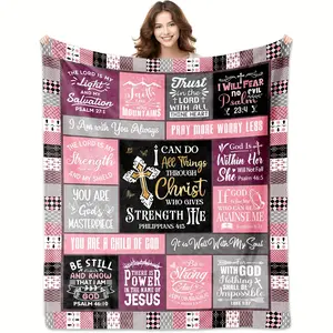 1pc Christian Gift Blanket for Religious Enthusiasts - Soft Plush Flannel with Inspirational Bible Verses & Cross Design, Multi-Color Retro Patchwork Throw for Sofa, Bed, TV Lounge - All-Season Comfort-280GSM