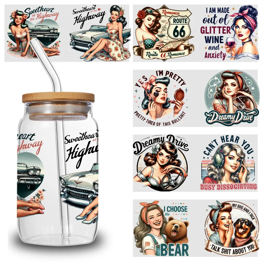 5 Sheets Pinup Art UV DTF Stickers Decoration Supplies for 16 oz Tumbler Unicorn Room Decor Heart Hopeful Quotes Wrap creative craft practical joke gift girl kid teen adult diy ultra breathable mouth tape family free tweezer premium accessory