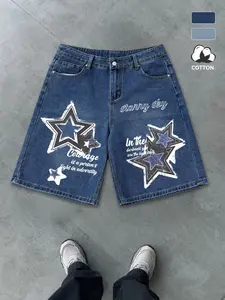 Men's Vintage Street Style Denim Shorts, Streetwear, Loose Fit Starry Graphic Print, Soft Cotton Material, Wide Leg, Casual Music Festival Wear