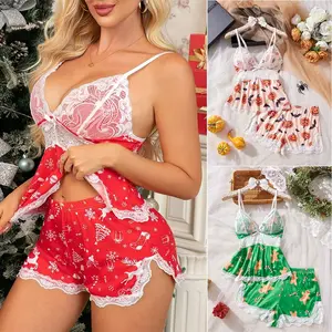 Women Pajama Set Lace Trim Short PJ Set V Neck Christmas Sleepwear Nightwear Top with Shorts