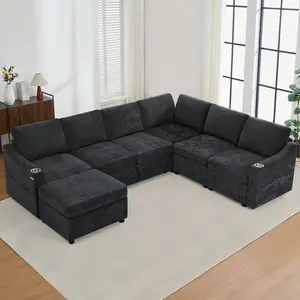 ACMEASE 116" Chenille  U-Shape Sectional Sofa w/Adjustable Backrests & Ottoman, Convertible Corner Sofa w/USB Charging Ports, Modular Sleeper Couch with Pull-Out Bed & Storage Space for Living Room