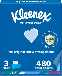 Kleenex Trusted Care Facial Tissues, 3 Flat Boxes, 160 Tissues per Box, 2-Ply (480 Total), Packaging May Vary