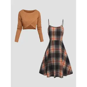 Women's Solid Wrap Hem Round Neck Textured Long Sleeve Crop Top & Plaid Print A-Line Dress Set, Preppy Fashion Cozy Skirt Set for Daily School Outdoor Wear, Women's Clothing for Spring Fall