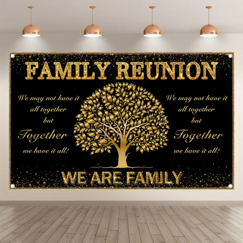 Large Family Reunion Polyester Photography Backdrop - Family Tree Members Party Photo Background Tapestry with Black Golden Banner Decorations