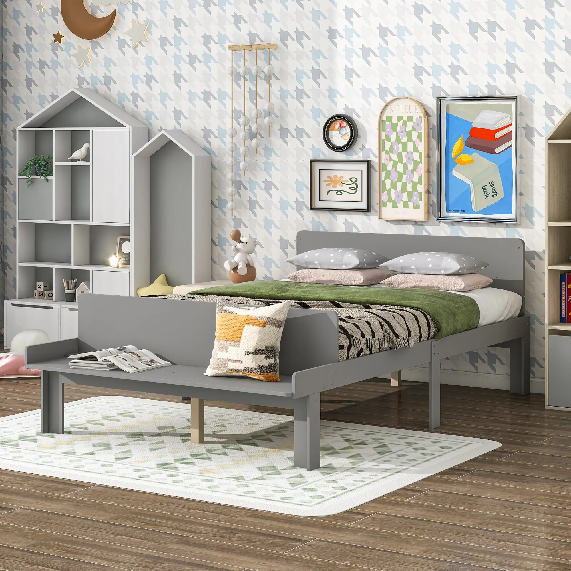 Full Bed with Footboard Bench,Grey or  American Design + White + Pine + Full