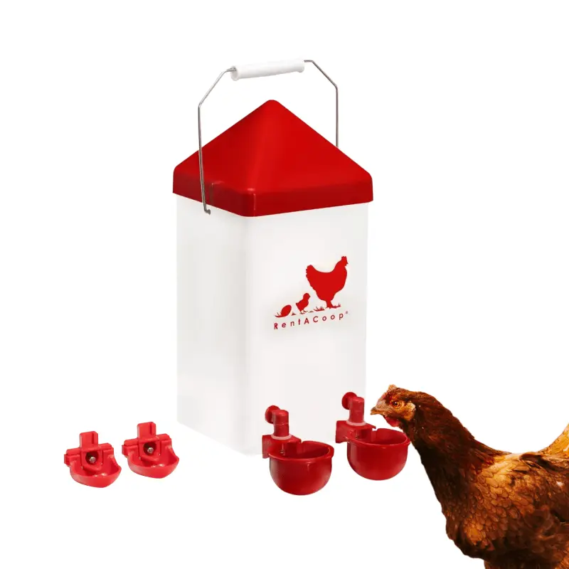 RentACoop 1 Gallon PVC Chicken Waterer with 2 Auto-Fill Cups Horizontal Nipples & Anti-Roost Cone for Large Flocks BPA-Free Food-Grade Plastic