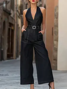 New Vintage Deep V Neck Romper, Fashion Casual Straight Leg Long Pants, Women's Stylish One-Piece Jumpsuit, Perfect for Daily Wear
