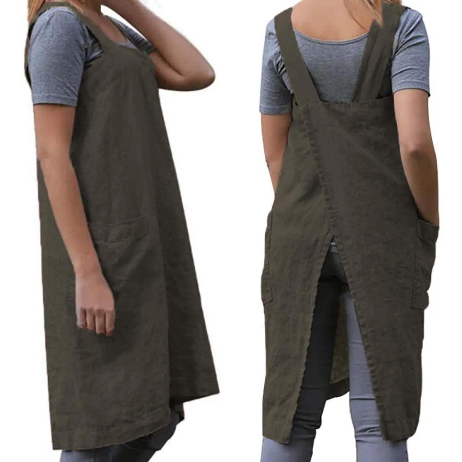 Women's Minimalist Basic Cotton-Linen-Polyester Pinafore Apron - Breathable Cross-Back Athletic Workwear, Casual Loose Fit, Drawstring Closure, Large Pocket, Gardening & Household Work Ready, Letters Design