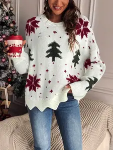 Women's Christmas Tree Print Scallop Trim Drop Shoulder Sweater Pullover, Casual Long Sleeve Round Neck Jumper for Fall & Winter, Ladies' Knitwear for Daily Wear