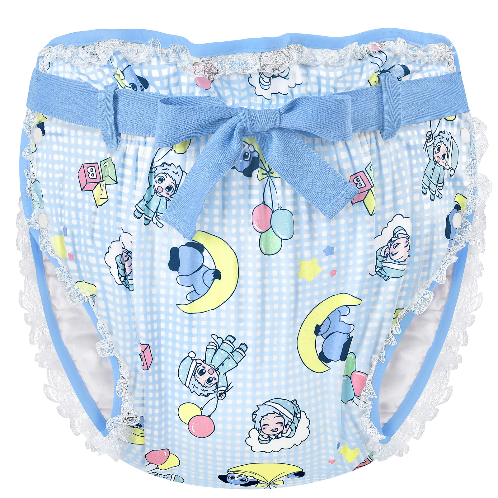 LITTLEFORBIG Waterproof Reusable Diapers, Adult Omutsu Wrap Cover with Leak Protection and Silky Ribbon Tie, Little Blue Pattern, Polyester, Adjustable