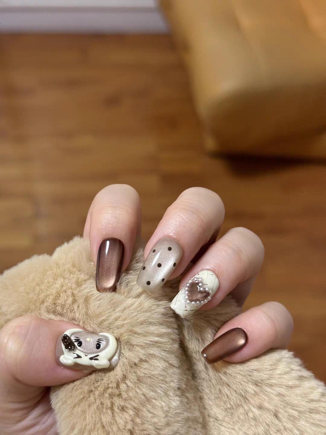 【Lucy UU】Cute Cat Eye Sweet French Baddie Press On Nails Brown Bow Short Coffin Shape Handmade Reusable