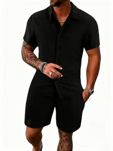 Men's 2-Piece Striped Print Short-Sleeve Button-Up Collared Shirt & Shorts Set, Regular Fit Casual Tropical Menswear, Summer Daily Wear Stylish Matching Set Clothes Love Formal Suits