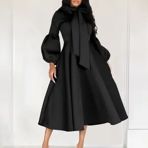 Elegant Black Bow Collar Full Sleeve High Waisted A Line Midi Dress for Women Formal Wear Minimalist Chic Check Design Birthday Party Dinner Vestidos Mujer