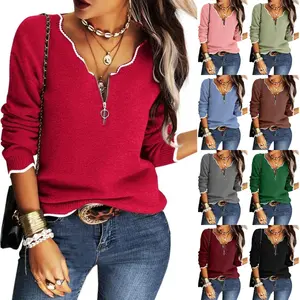 FMEYOA Women's V Neck Long Sleeve Sweater Half Zipper Knit Sweater Casual Cricket Stripe Jumper Pullover Knit Tops