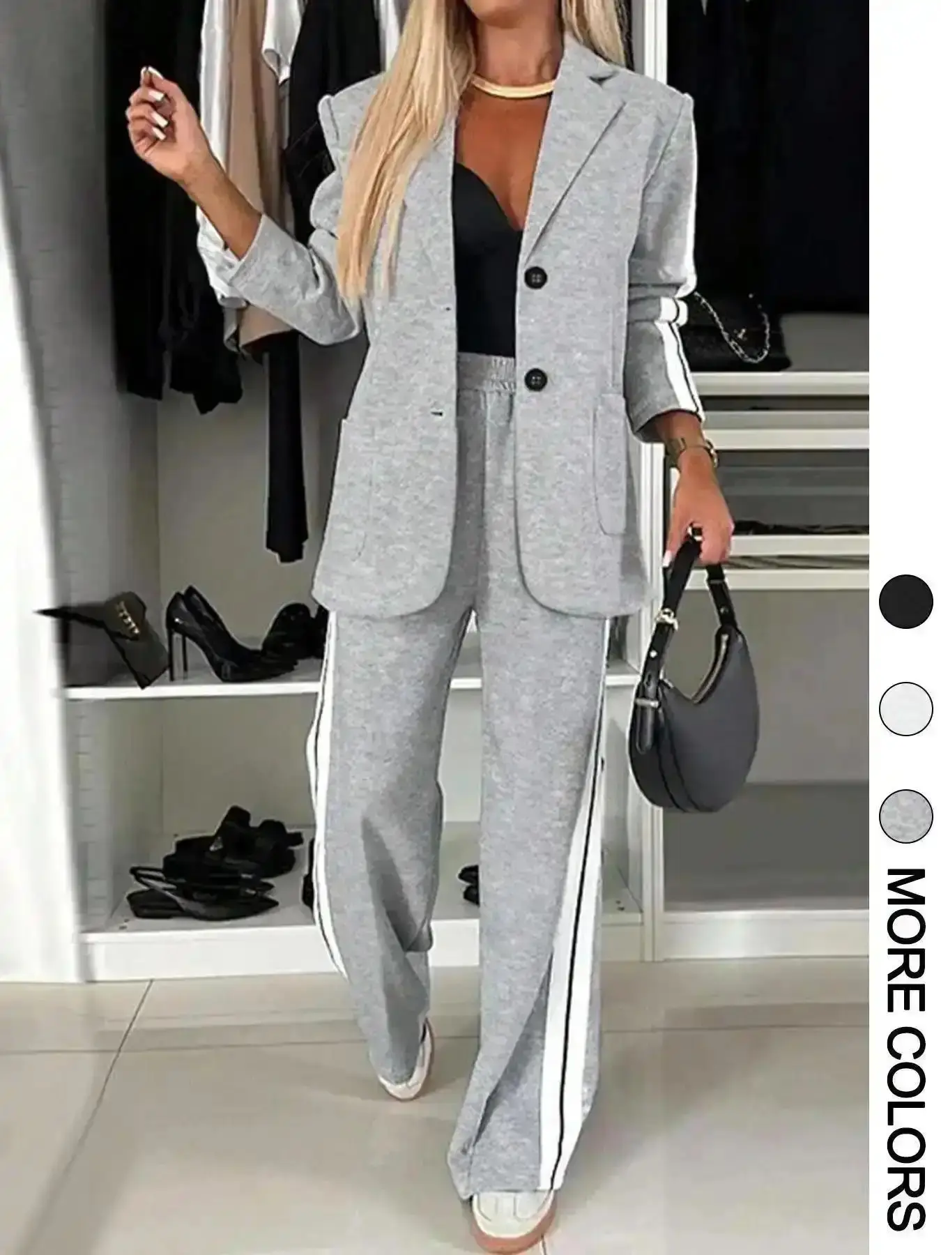 Women's Striped Print Blazer Jacket & Wide Leg Pants Set, Casual Fitted Suit for All Seasons, Stylish Ladies' Clothing Ensemble, Comfortable Wear, Breathable Fabric, Lightweight Sport, Everyday Essential
