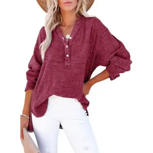 Women's casual V-neck long sleeved shirt, oversized solid color shirt top, 100% pure cotton boyfriend style loose fit