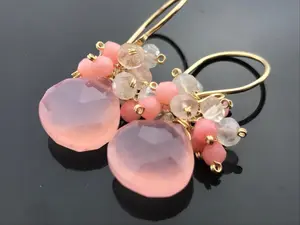 Pink Chalcedony, White Pearl Chalcedony & Pink Coral · 14K Gold Filled or Sterling Silver Earrings · Faceted Gemstone Cluster · Gift for Her