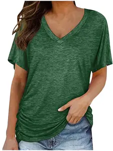 Women's Short Sleeve V-Neck Dolman Top with Side Shirring, Loose Fit Basic Design for Comfortable Everyday Wear