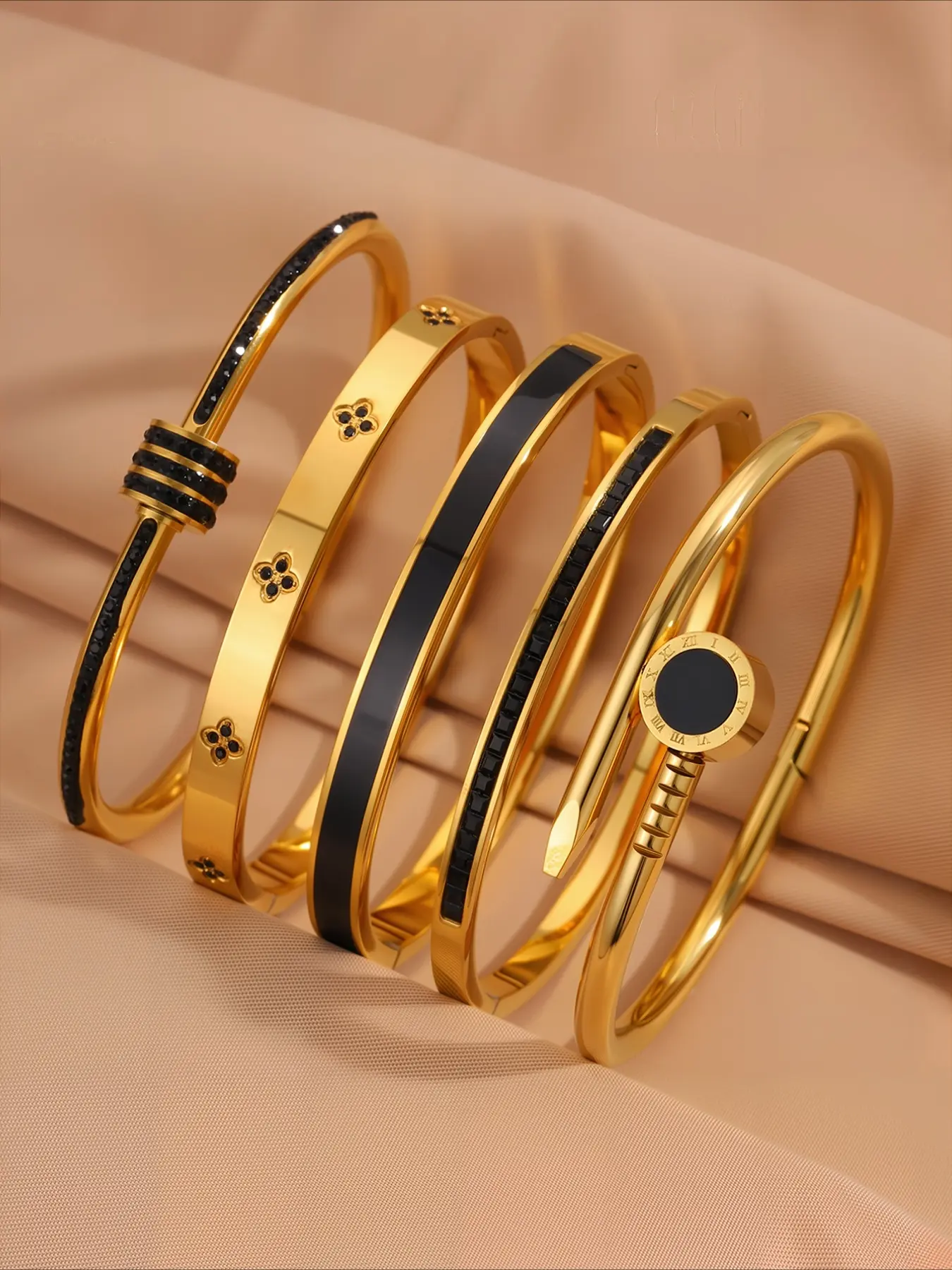 5pcs gorgeous high-end stainless steel bracelet series, Elegant Jewelry Bracelet, elegant and fashionable style, perfect for parties and gatherings, a great gift for women, Stackable Bracelets, Stacking Bracelet, Bracelet Bundle