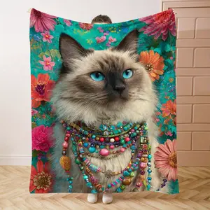 1PC Plush CatPrint Flannel Blanket Beautiful and Comfortable Warm Nap Blanket for Sofa, Bed, Office, Car, Camping Travel Blanket, Home Decoration - Four Seasons Gift