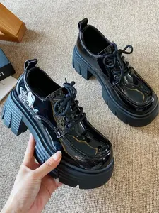 Women's Preppy Style PU Leather Loafers, Thick Sole Ankle Strap Shoes, Round Toe Business Casual Footwear for All Seasons