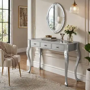Vintage ARCH Luxury Makeup Vanity Desk with Oval Mirror - 3-Drawer Dressing Table for Jewelry Storage, Curved Legs MDF Wood Floral Engraved Elegant Console Table, Makeup Vanity Setup for Bedroom & Living Room, Silver Home Decor