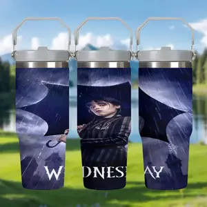 1pc 30oz Wednesday’s Secret Stainless Steel Insulated Water Bottle with Straw, Portable Travel Cup for Car Home Office, Ideal Holiday Gift