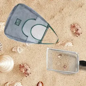 Mesh Beach Shovel with Mesh Beach Bag, Shell Collecting Sand Filter Scooper, Shark Tooth Sifter Dipper, Portable Beach Toy Storage Set for Kids