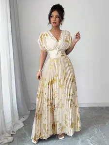 Raffinéa Women's V-Neck Elegant Short Sleeve Batwing Maxi Dress, Color Block Gold Foil Print Front Waist Adjustable Drawstring Pleated Long Dress