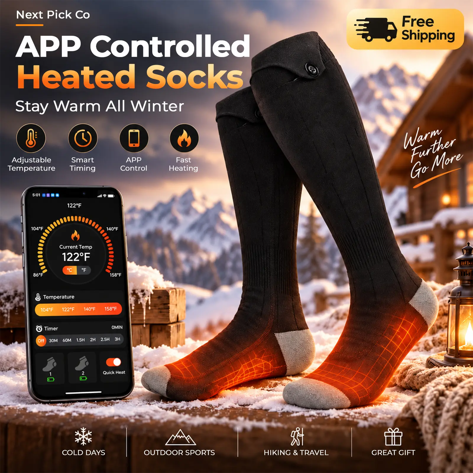 Rechargeable Electric Heated Socks, 5000mAh Battery, Skin-Friendly Soft Modal Fabric, Carbon Fiber Heating, Full Foot Heat, 4-Level Temp Control (95-149°F), USB-Powered, 12.6" Cuff Height, 7.3" Foot Size, Hand Wash Safe for Winter Outdoor Sports techvibes