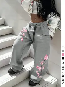 Women's Wide Leg Pants with Letter & Cross Pattern, Pockets, High Waist Drawstring, Street Style, Fitted, Casual Fashion for Spring Autumn Winter, Casual Bottom, Casual Streetwear Pants