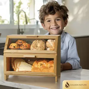 Double Layer Bamboo Bread Box, Large Storage Box for Bakery Products, Food Bin for Kitchen Countertop