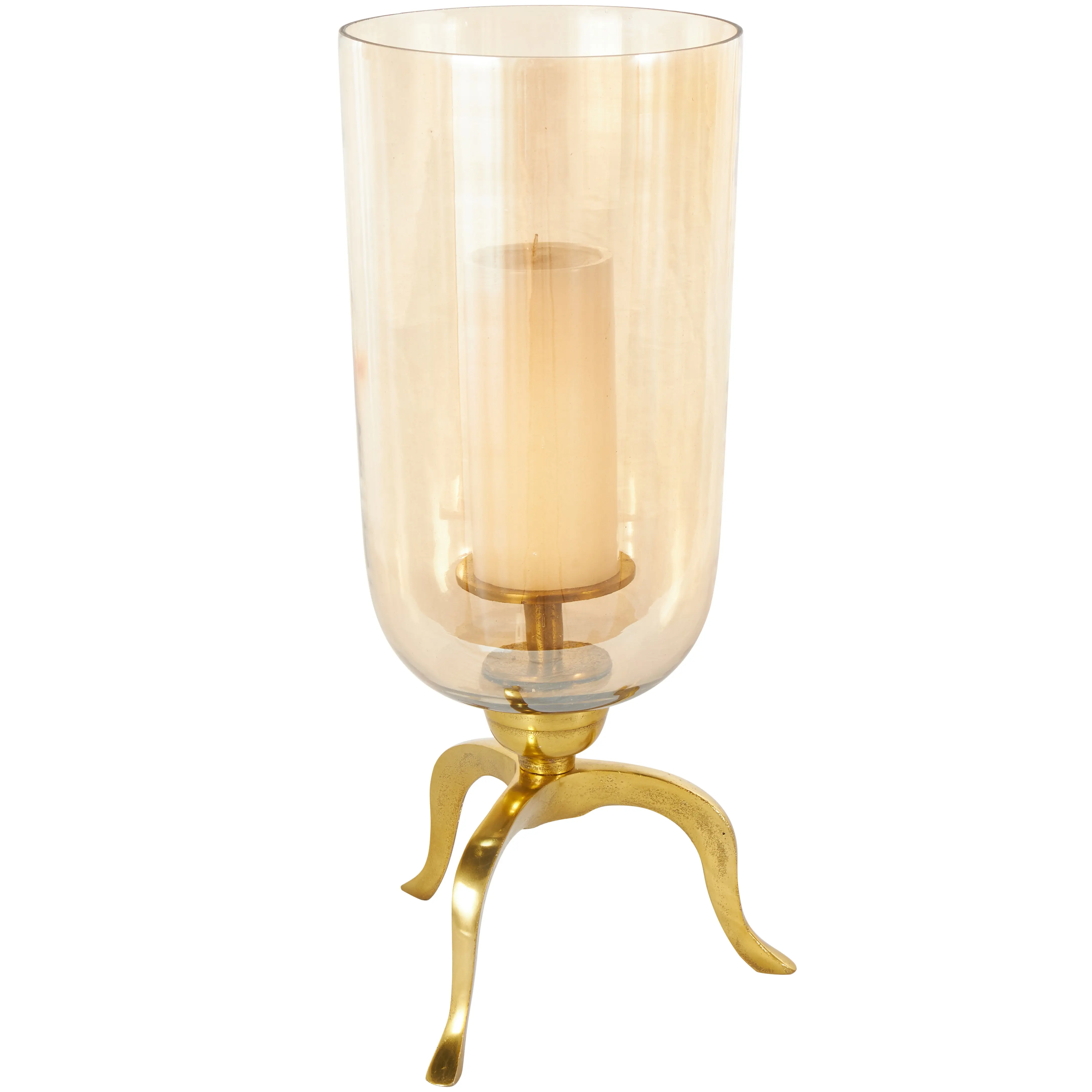 Gold Aluminum Metal Single Round Pillar Candle Holder, Glass Hurricane Lamp for Home Decor, Table Top Use