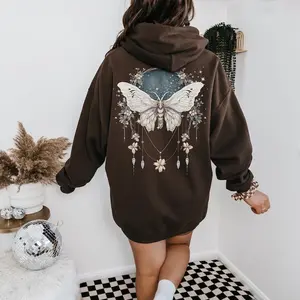 Vintage Boho Dreamy Luna Moth Hoodie Celestial Charms Lunar White Moth Sweater Moon Stars Botanical Floral Star Top Hooded Sweatshirt Goth