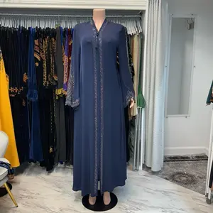 Beaded Zippered Abaya with Belt with Gold Beads and Tassel Detailing
