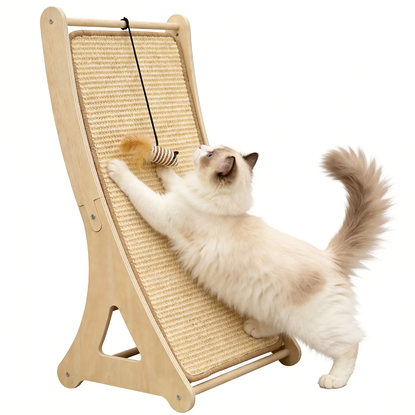 Petinstinct Sisal Cat Scratcher, 24" Wooden Cat Scratch Ramp, Climbing Vertical Scratch Pad with Feather Mouse Toy, Scratching Board for Indoor Cats, Scratcher Post for Couch, Wall Furniture Protector